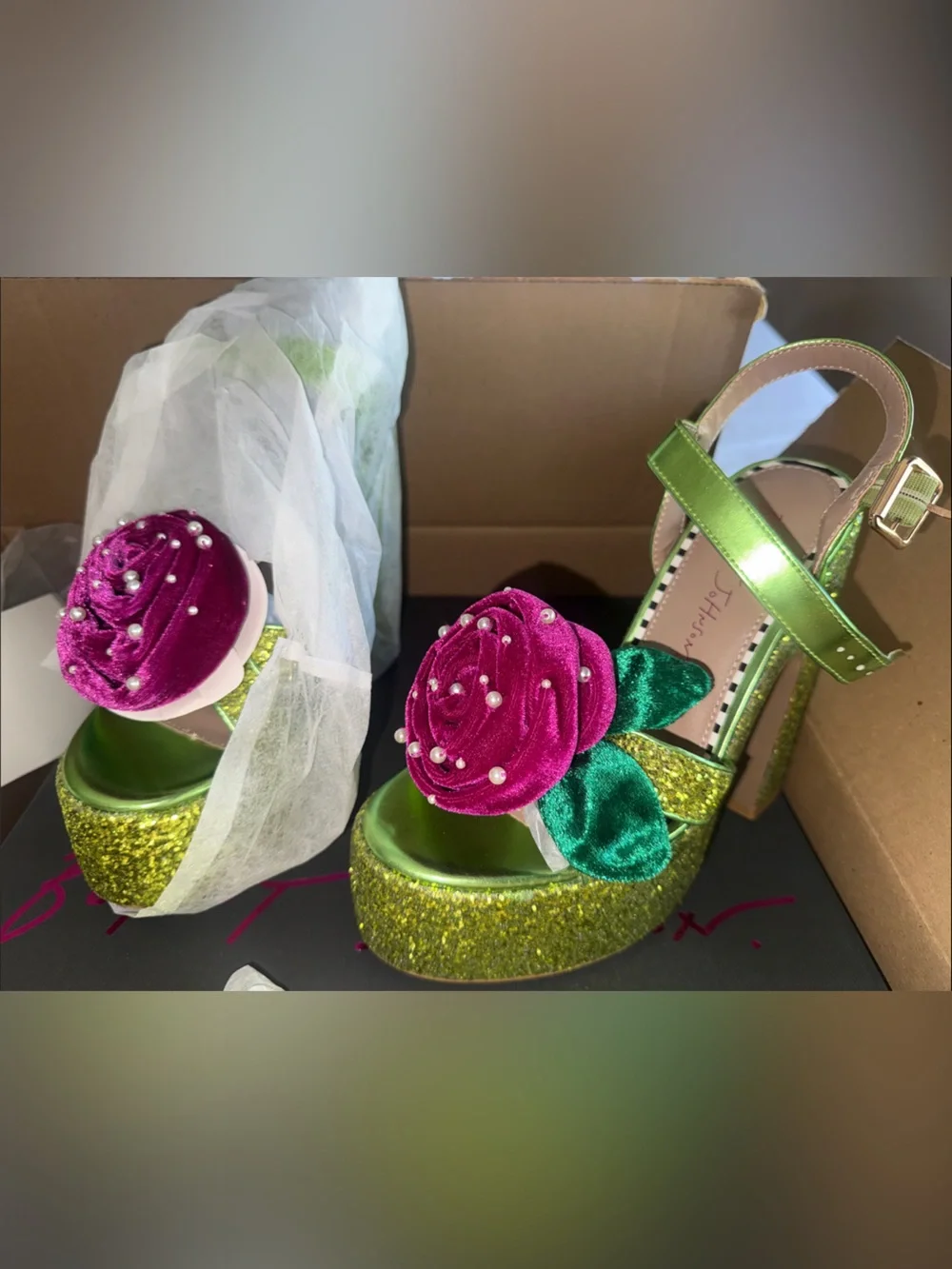 Betsey Johnson Green Glitter Platform Sandals with Pink Velvet Flower